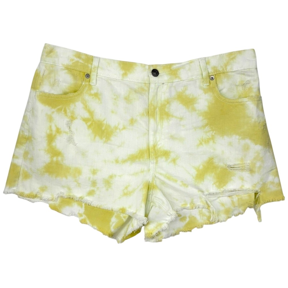 Aerie Yellow‎ Tie Dye Distressed Denim Shorts XL NWT Raw Hem Festival Summer